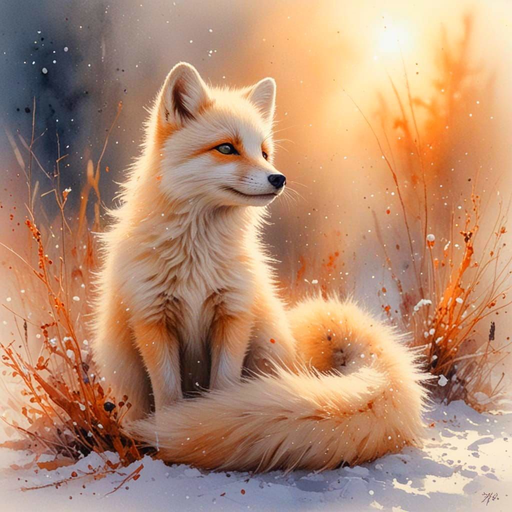 Arctic Fox Kit in Snowy Landscape, Watercolour Style