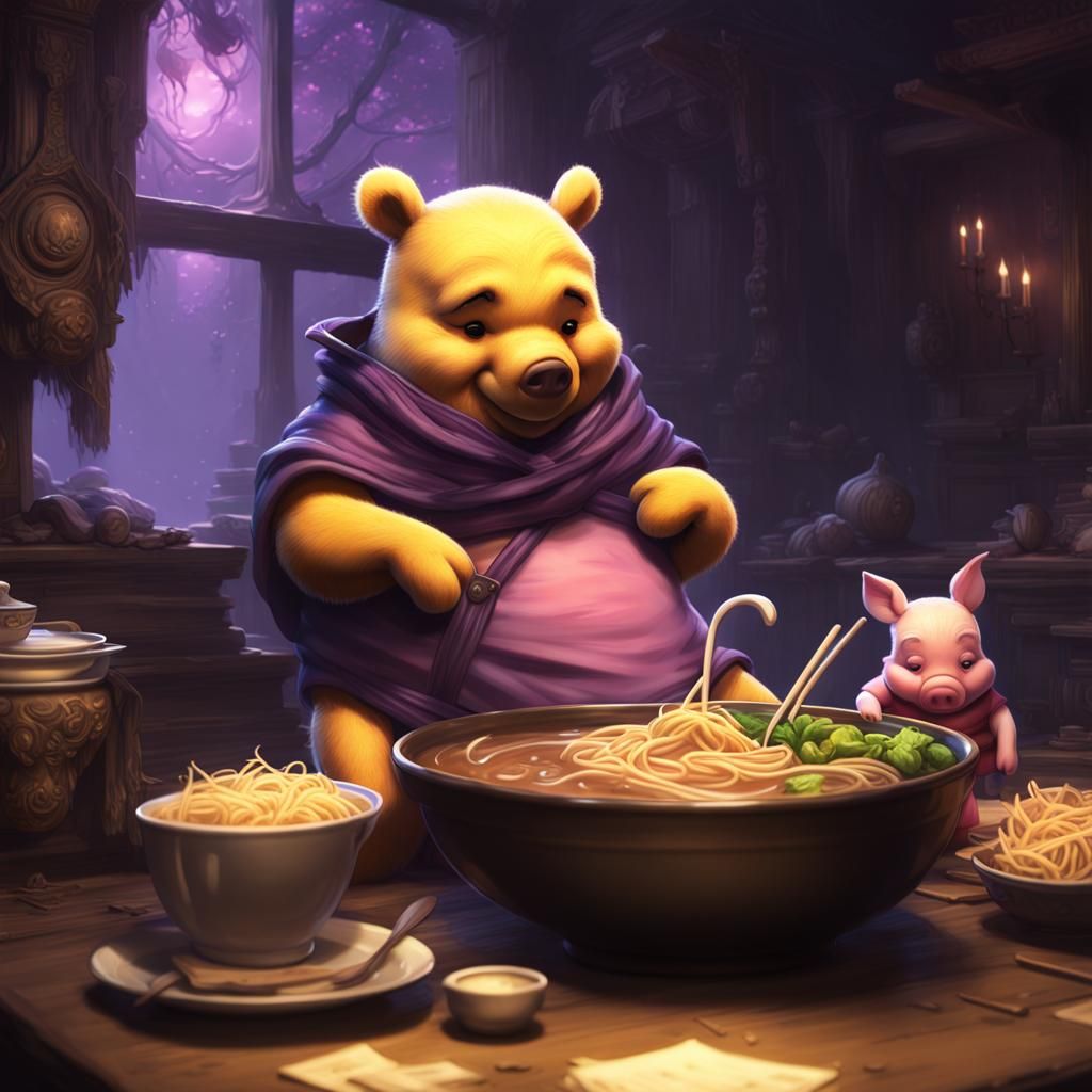 Pooh and Piglet Enjoying Pho, Dark Fantasy Art
