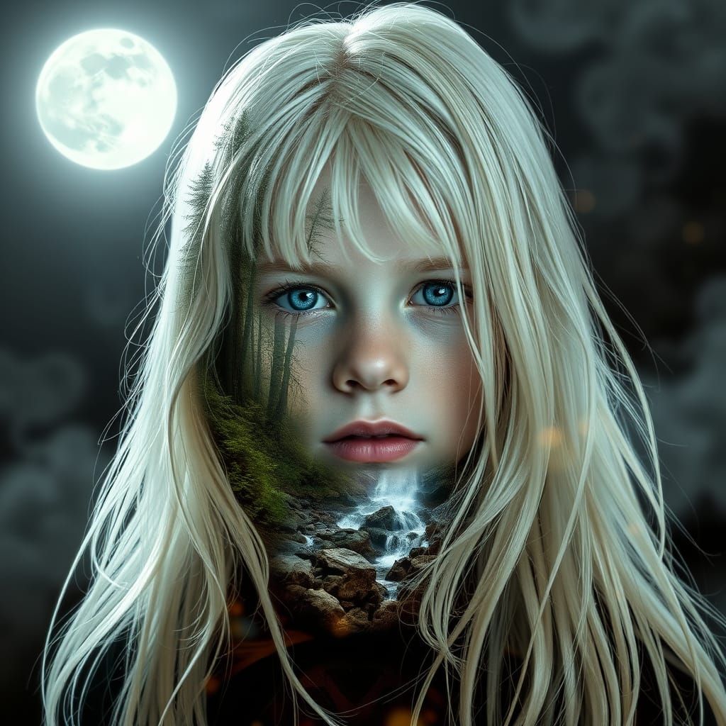 Hyper-Realistic Portrait of an Albino Boy Under a Full Moon