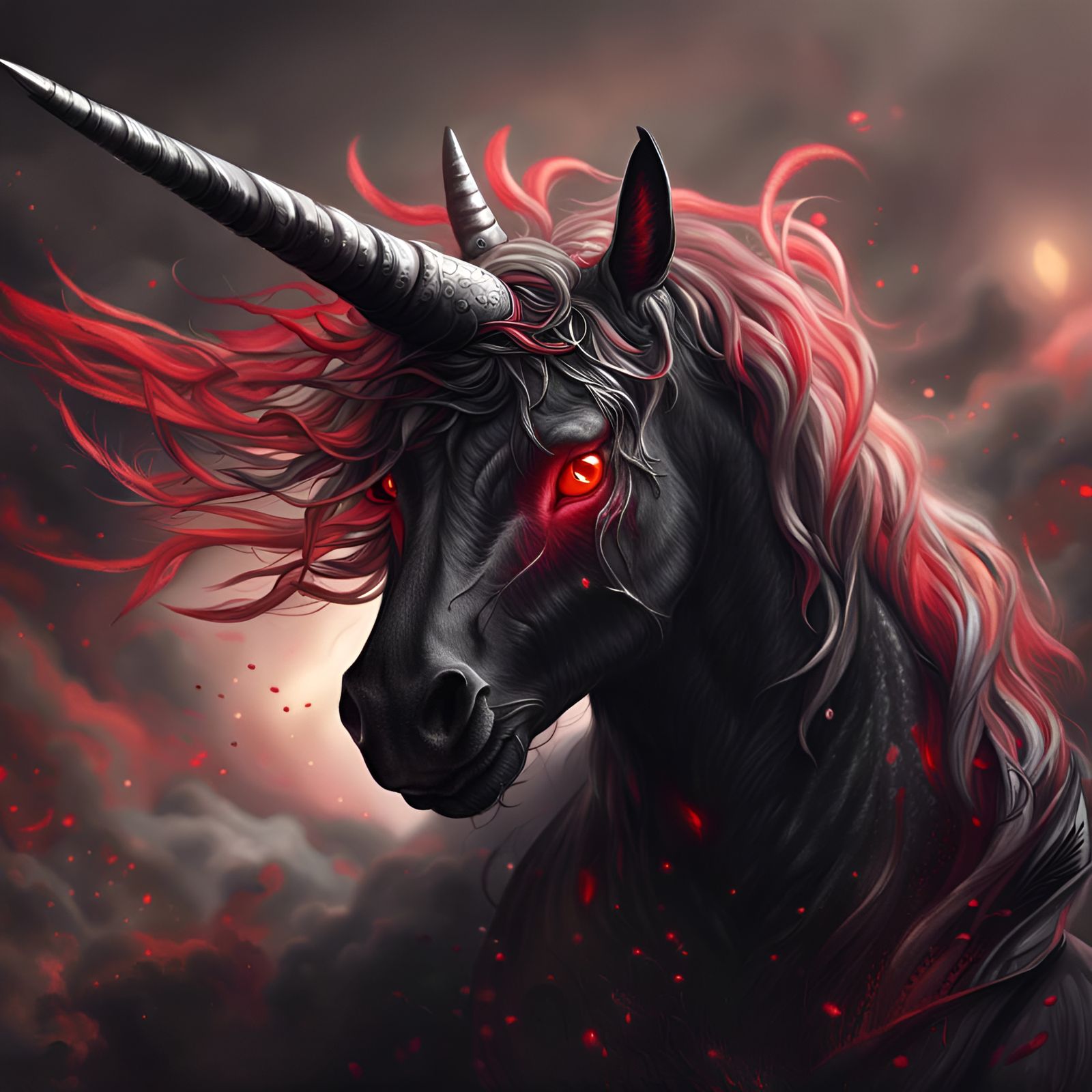 Black Unicorn with Red Eyes Portrait