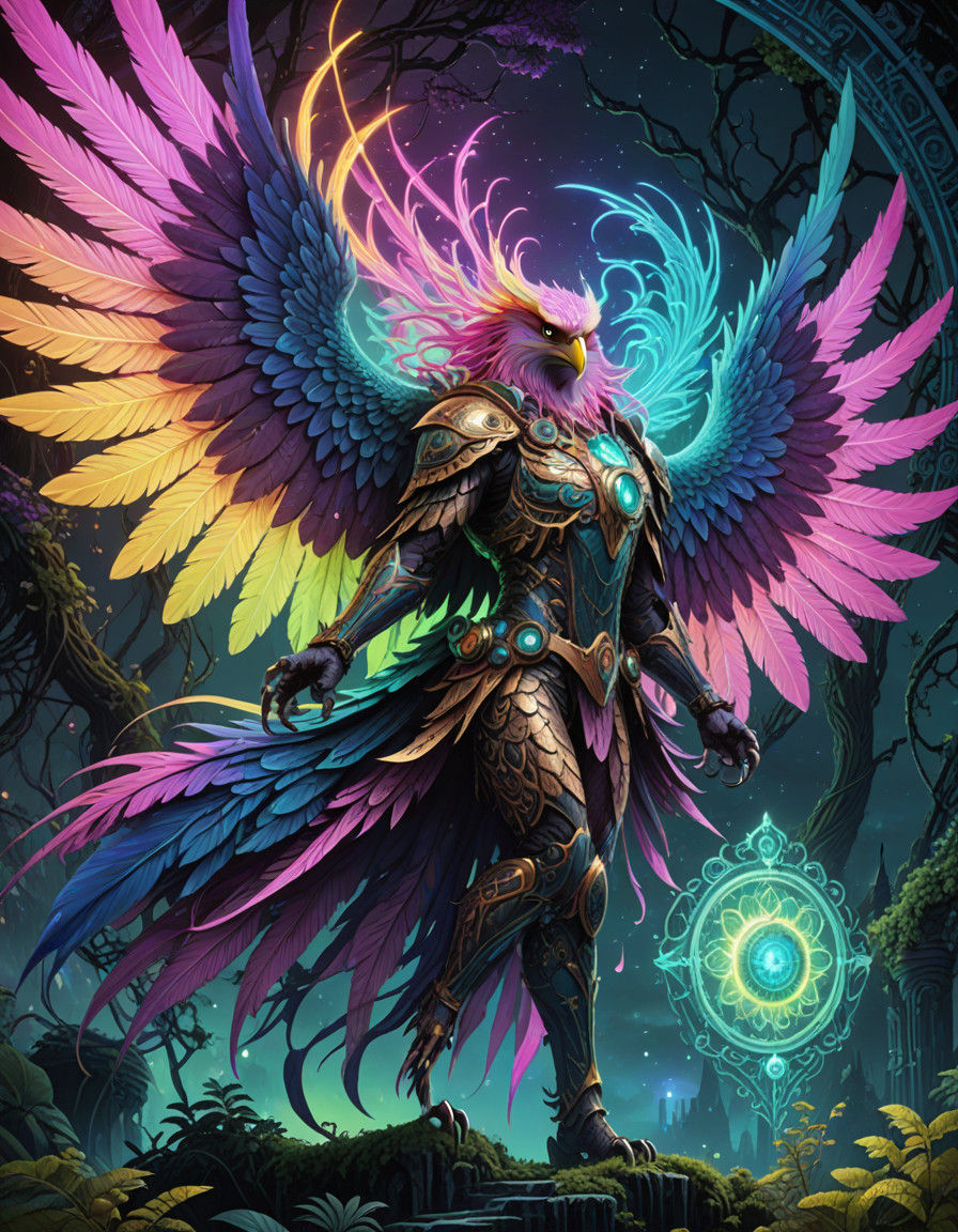 Epic Fantasy Eagle with Magical Aura in Overgrown Medieval W...