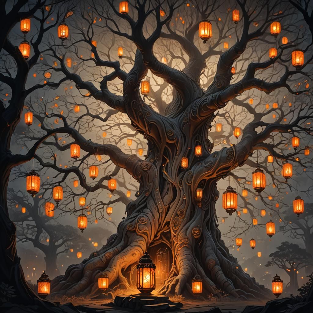Majestic Tree with Glowing Lanterns, Fantasy Art