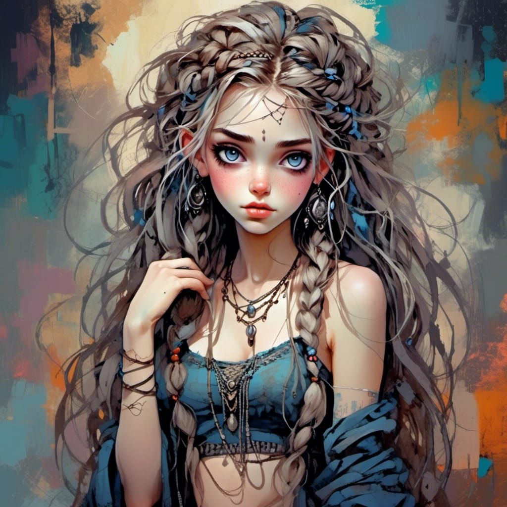 Creepy Beautiful Woman with Braids in Witchy Scene