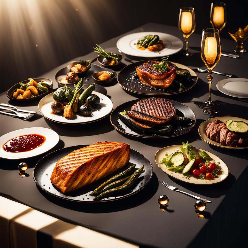 Gourmet Meats and Grilled Vegetables Still Life