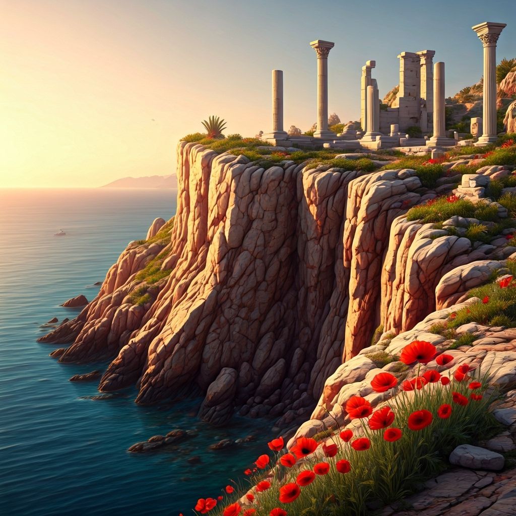 Greek Cliffside Ruins with Poppies in Atmospheric Style