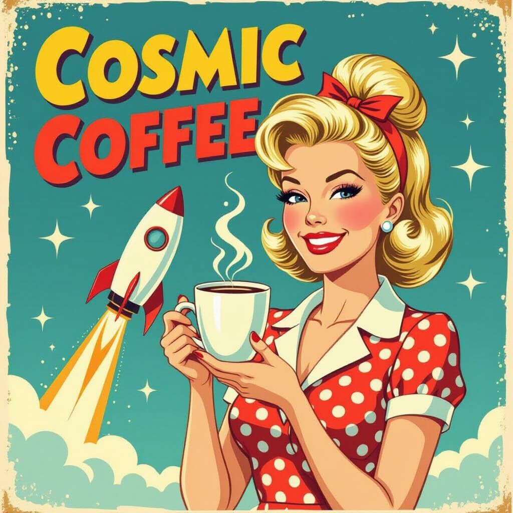 Retro 1960s Cosmic Coffee Ad with Stylish Woman