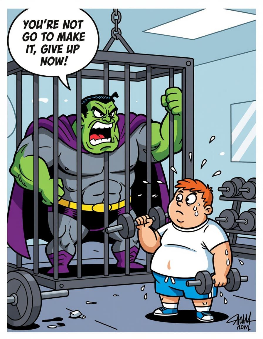 Cartoon Supervillain Tries to Discourage Boy Working Out