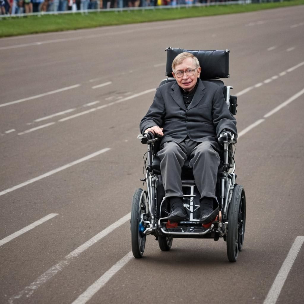 (Stephen Hawking in a rocket powered wheelchair in a race:1....