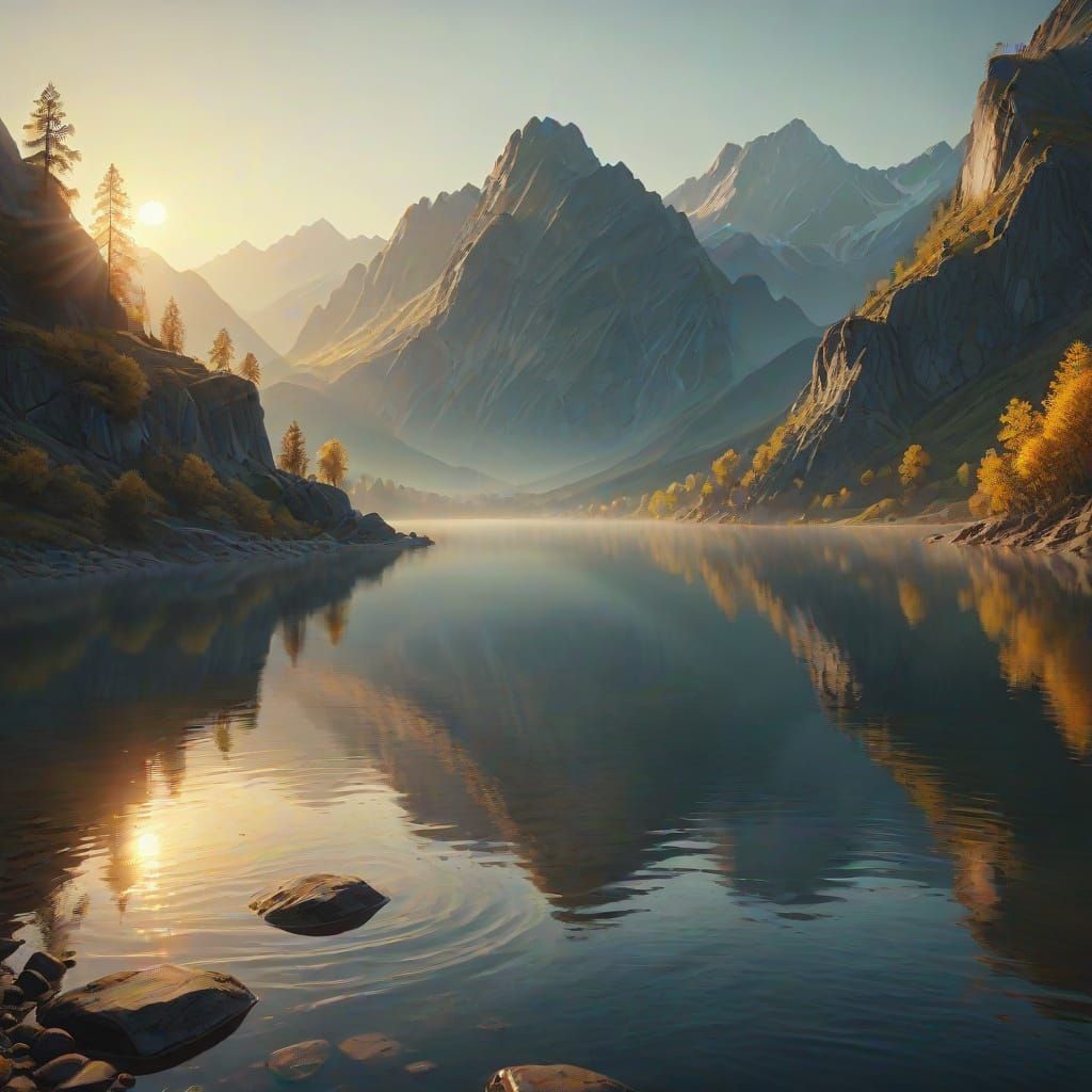 Mountain Lake at Dawn in Oil Painting Style