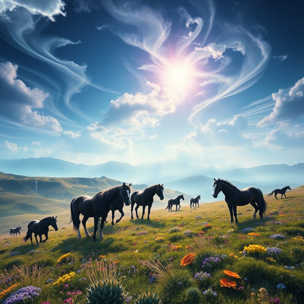 Majestic Horses in Vibrant, Iridescent Landscape with Swirli...