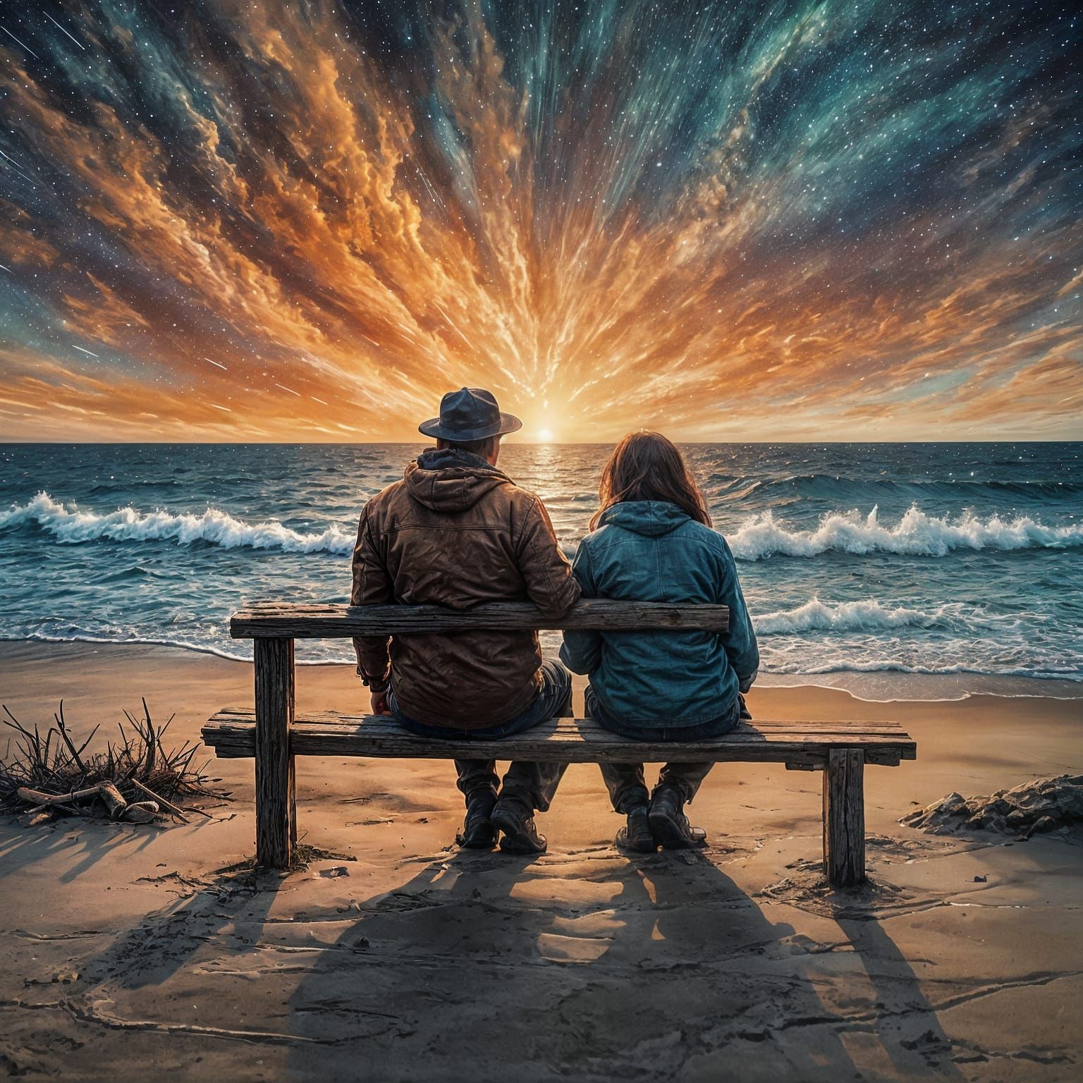 Romantic Bonfire on Beach at Night: Alcohol Ink Style