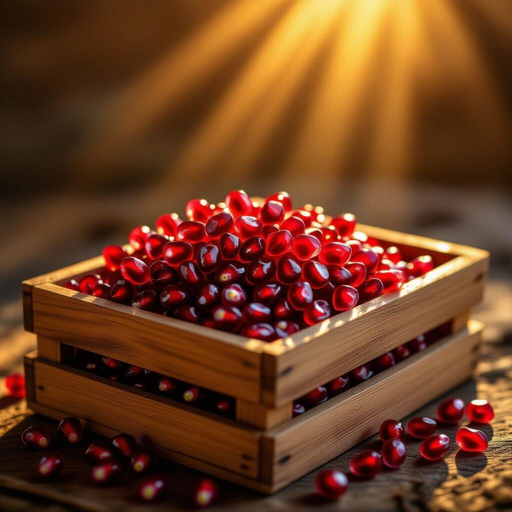 Ripe Pomegranate Seeds in Wooden Crate