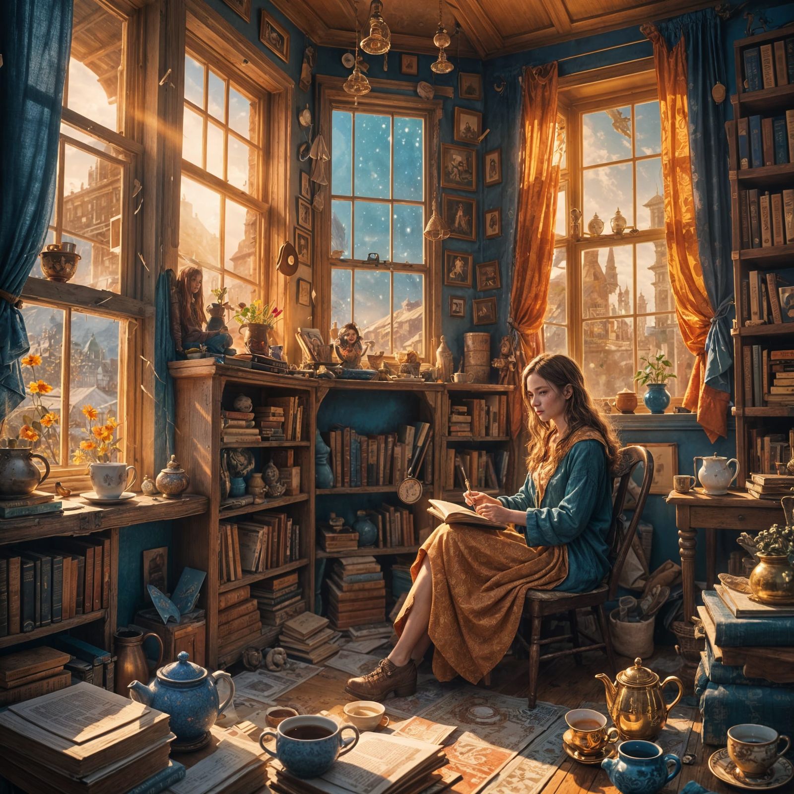 Girl Contemplates Past with Tea: Detailed Matte Painting