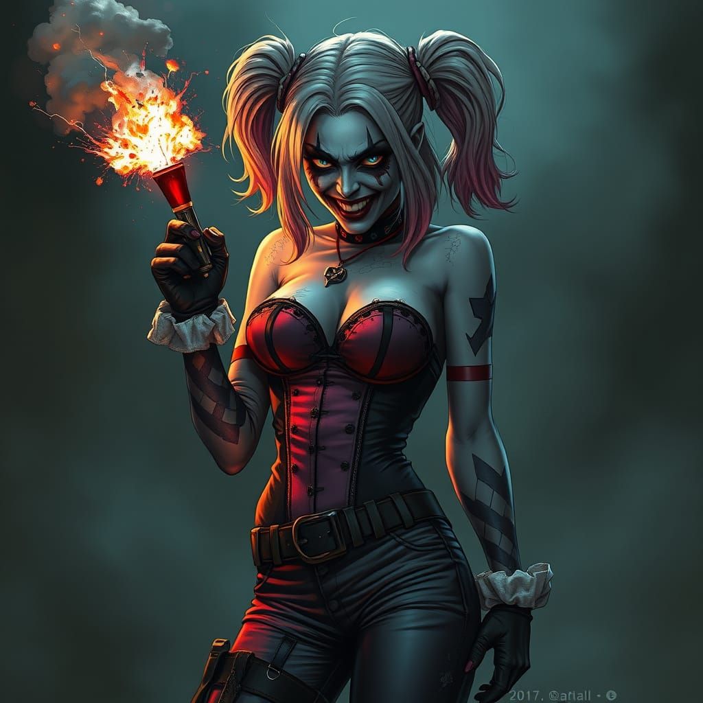 Zombie Harley Quinn Throws Dynamite in Dark Fantasy Style
