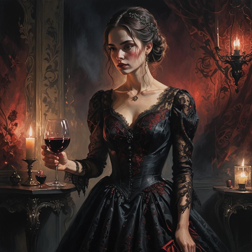 Dramatic Dark Fantasy Woman with Wine, Velázquez Style