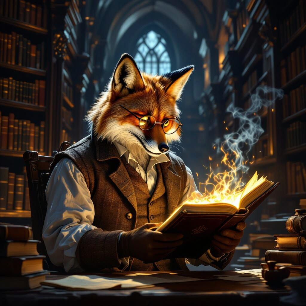 Wise Fox Scholar Studying Ancient Tome in Dim Library