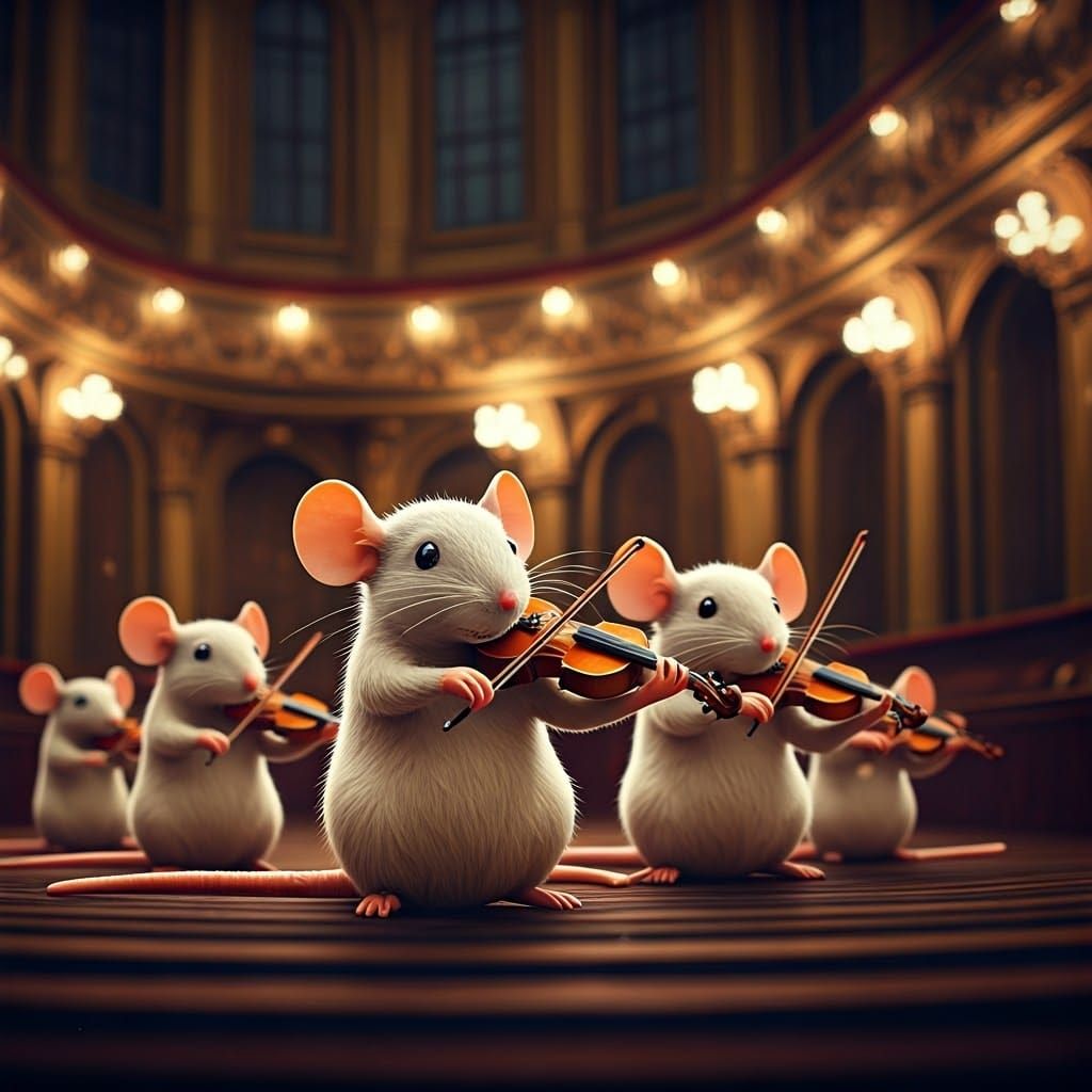 Whimsical Ratones Violinistas in a Baroque Concert Hall