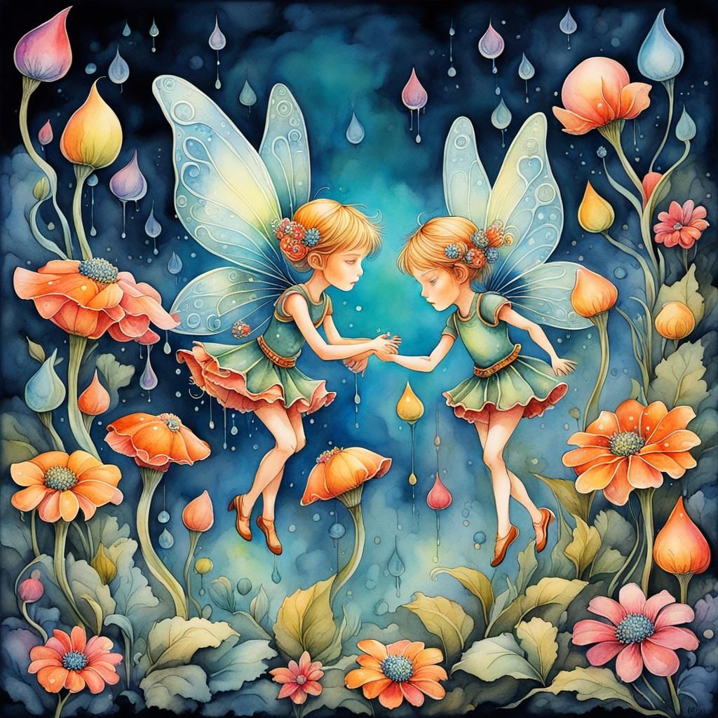 Pixies Harvesting Dewdrops in Watercolor Ink Style