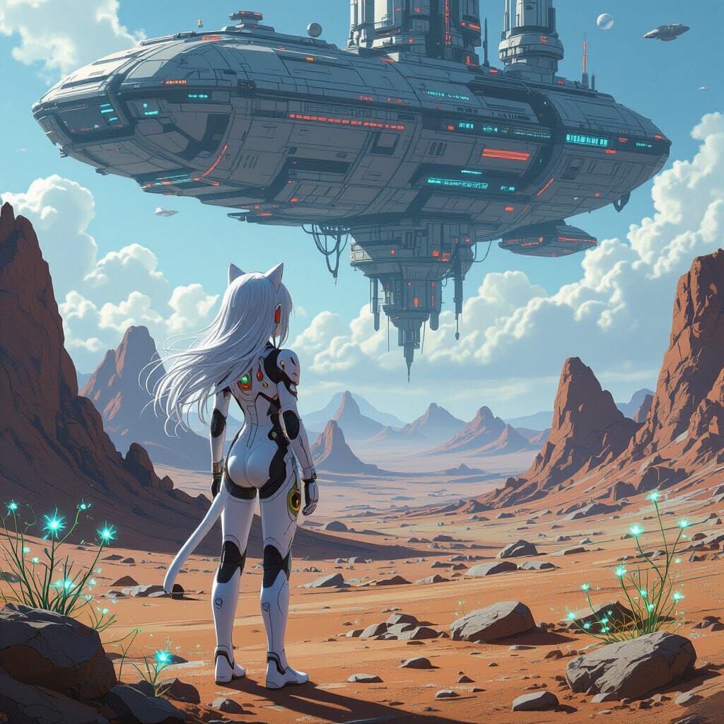 Anime Catgirl Gazing at Steampunk Space Station