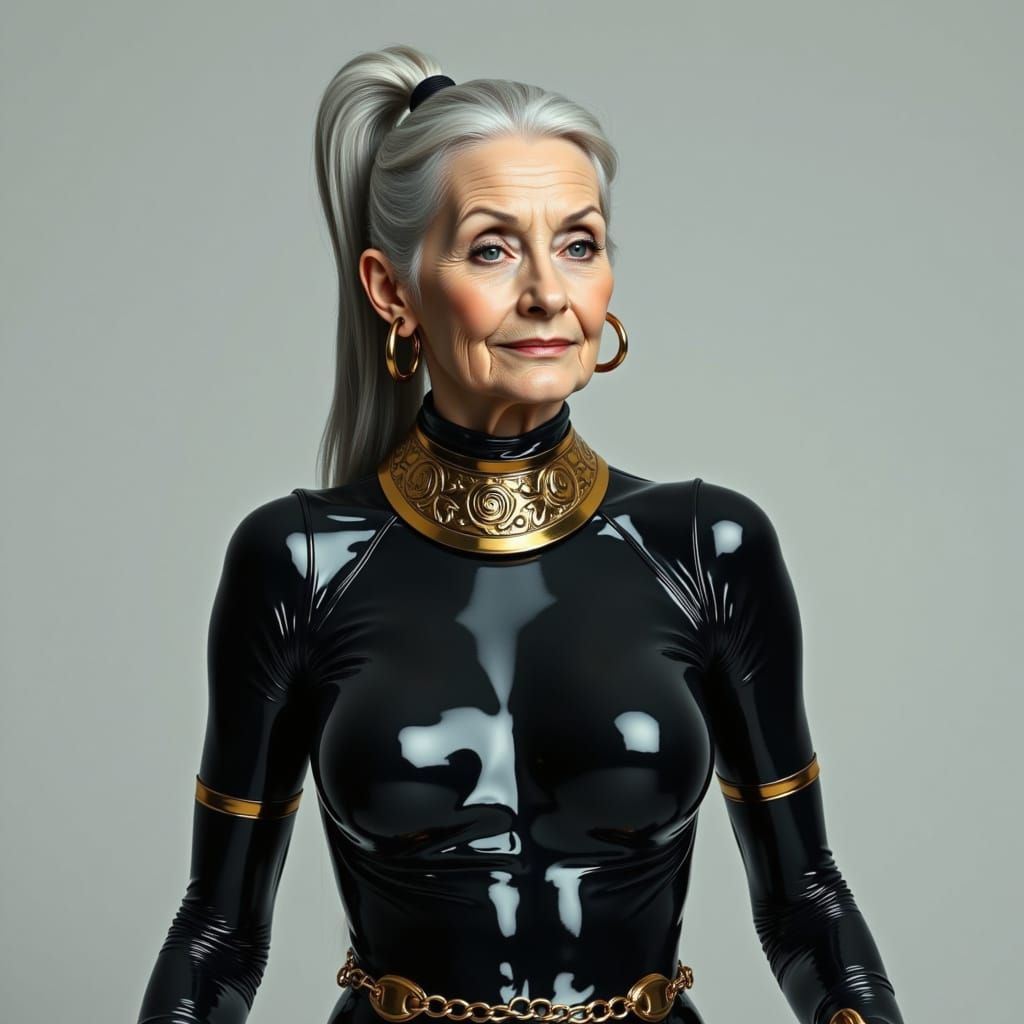 Elderly Woman in Latex with Ornate Gold Jewelry