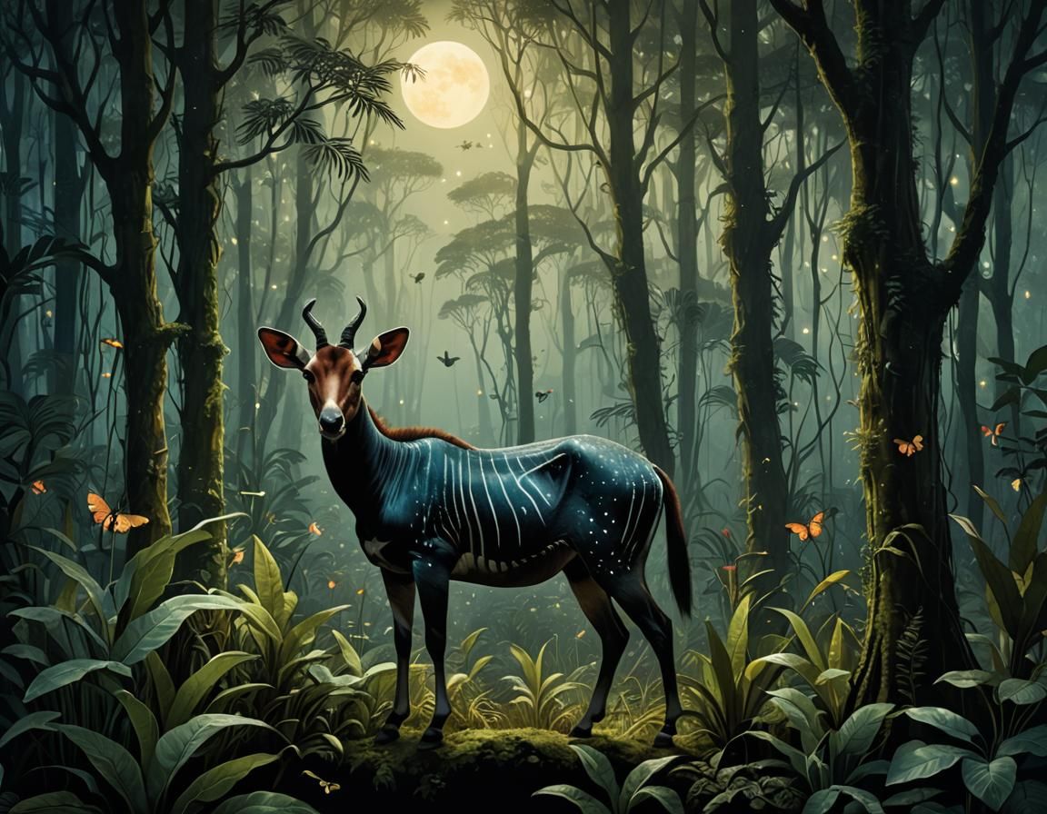 Okapi in Bioluminescent Rainforest Illustration