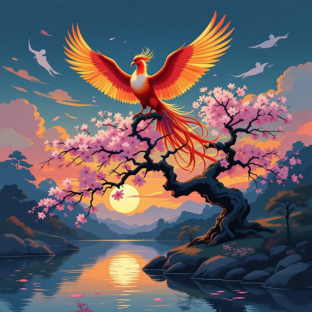 Majestic Phoenix on Ancient Cherry Blossom Tree