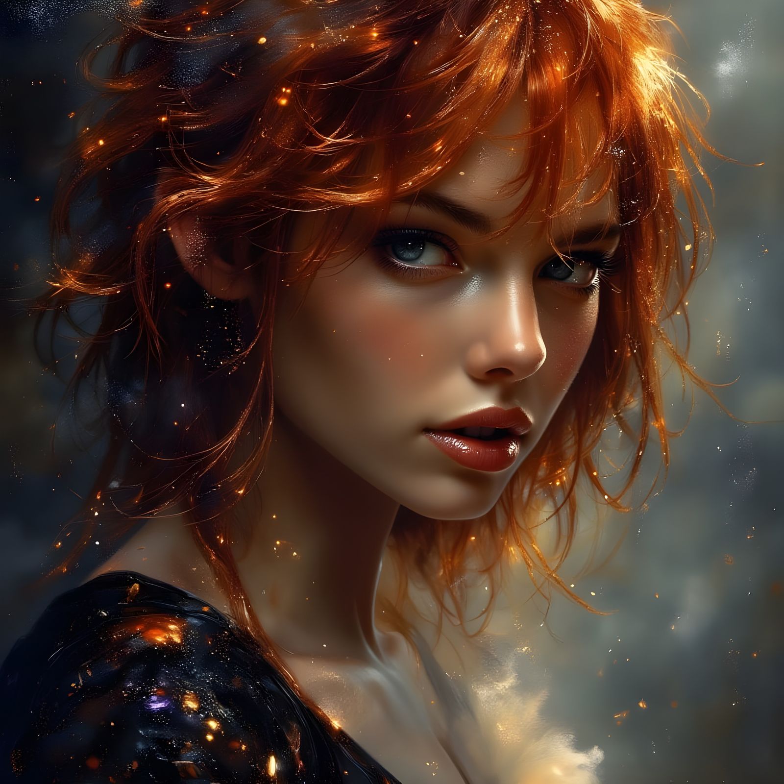 Ethereal Redhead in Magical Lighting, Hyperrealistic Digital...