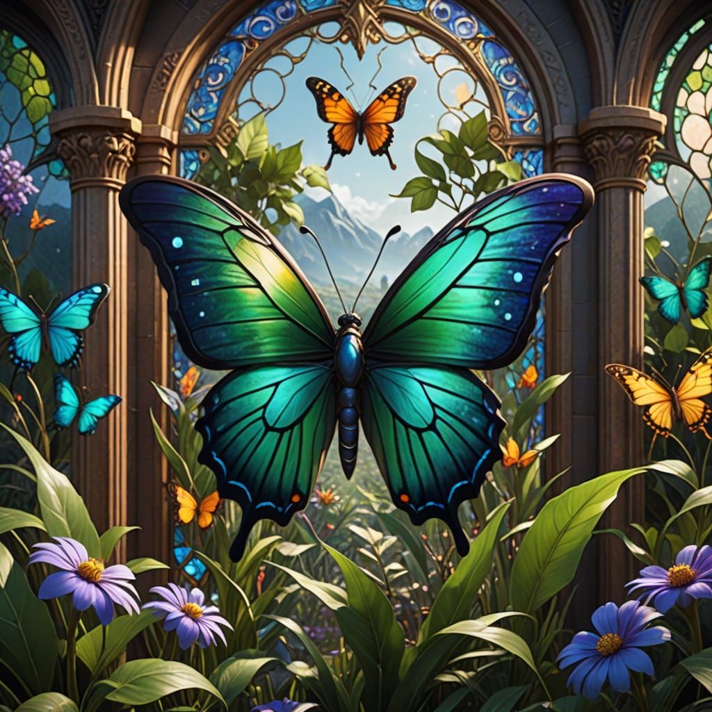 Whimsical Stained Glass Butterfly in a Lush Garden