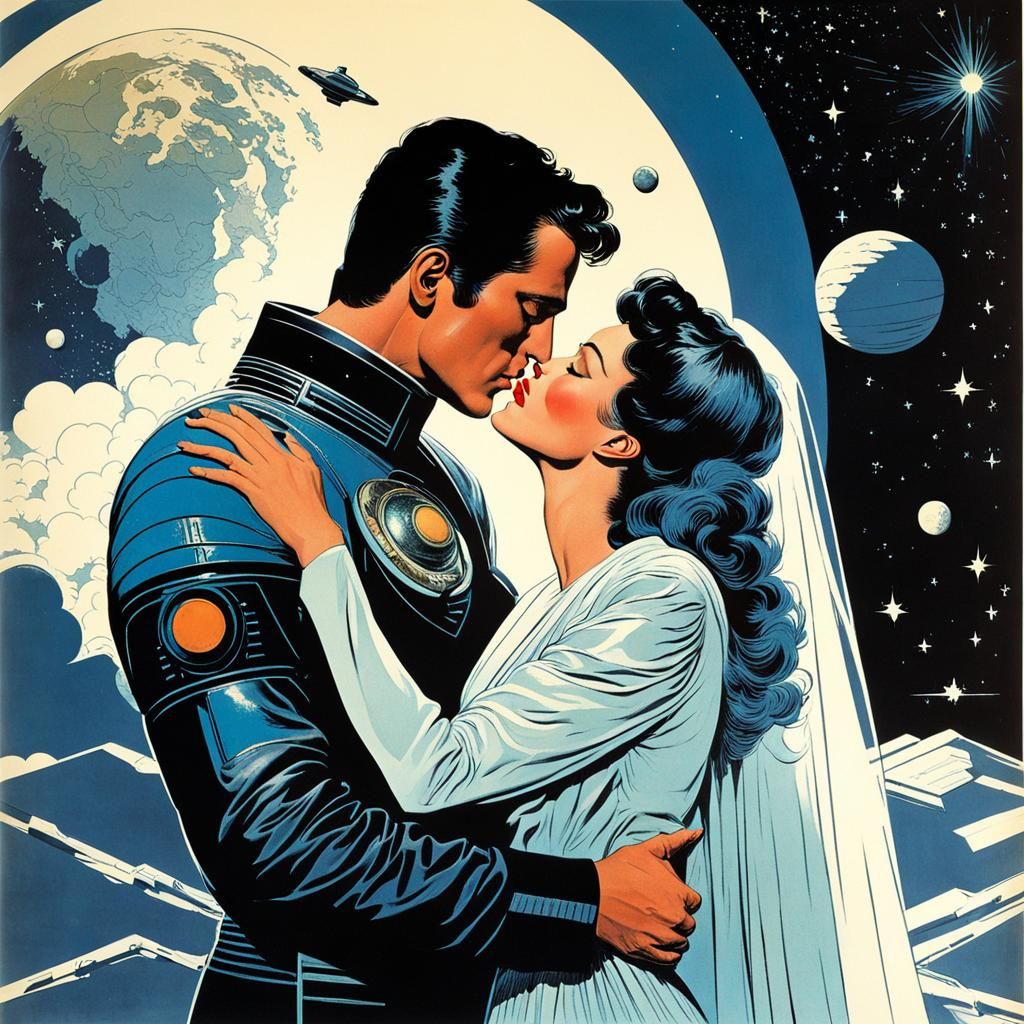 Romantic Kiss in Retrofuturist Sci-Fi Style