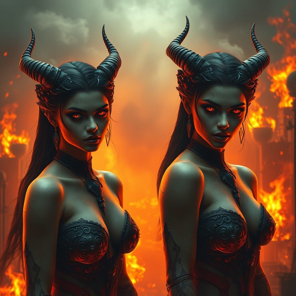 Dystopian Demon Women in Burning Cityscape