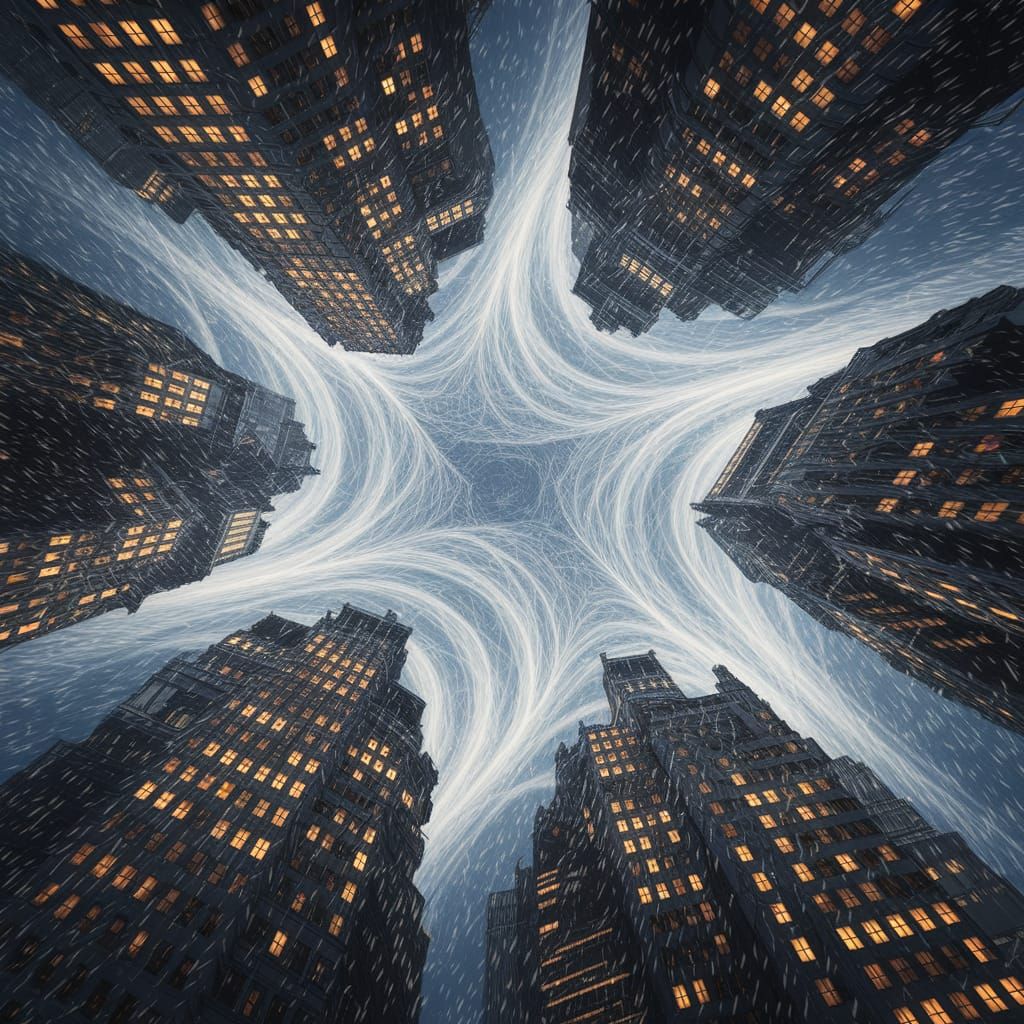 Blizzard Swirls Around City Skyscrapers: Matte Painting