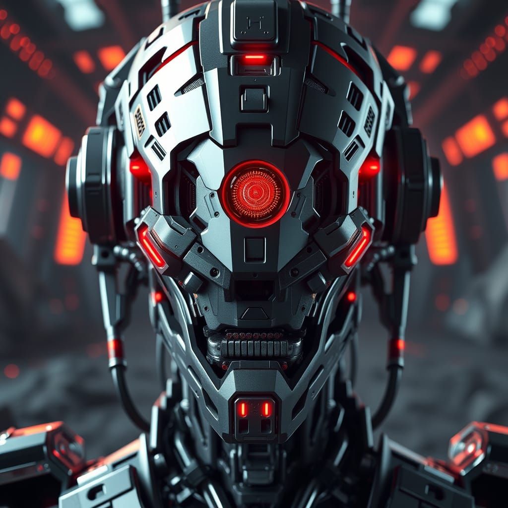Menacing AI with Red Eye in Futuristic Style