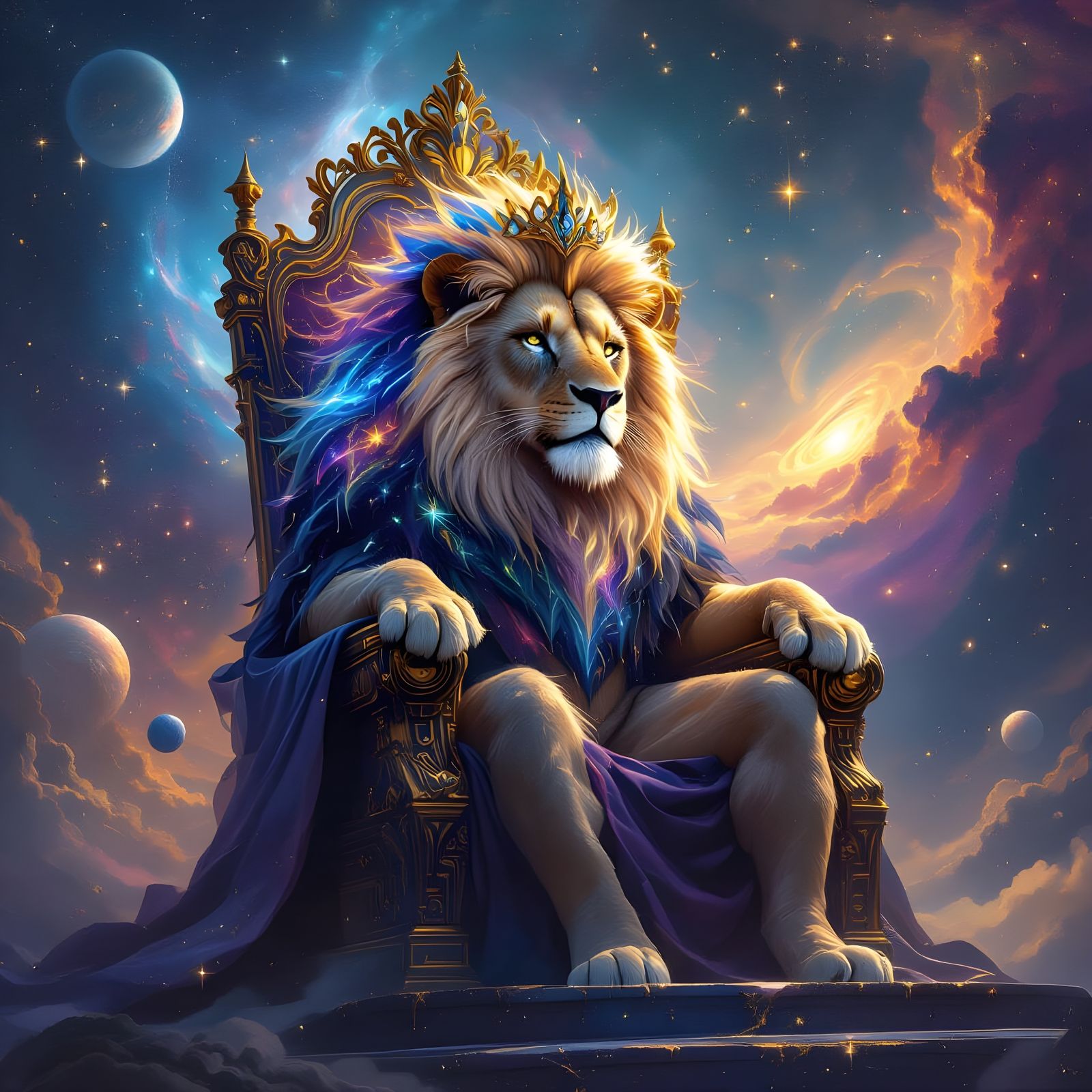 Majestic Astral Lion King on Cosmic Throne