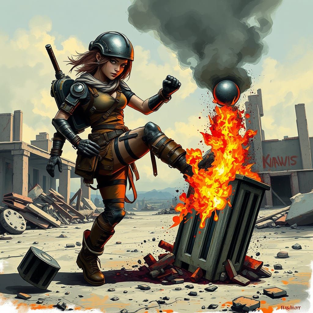 Fallout Raider Kicks Burning Trash Can in Gritty Post-Apocal...