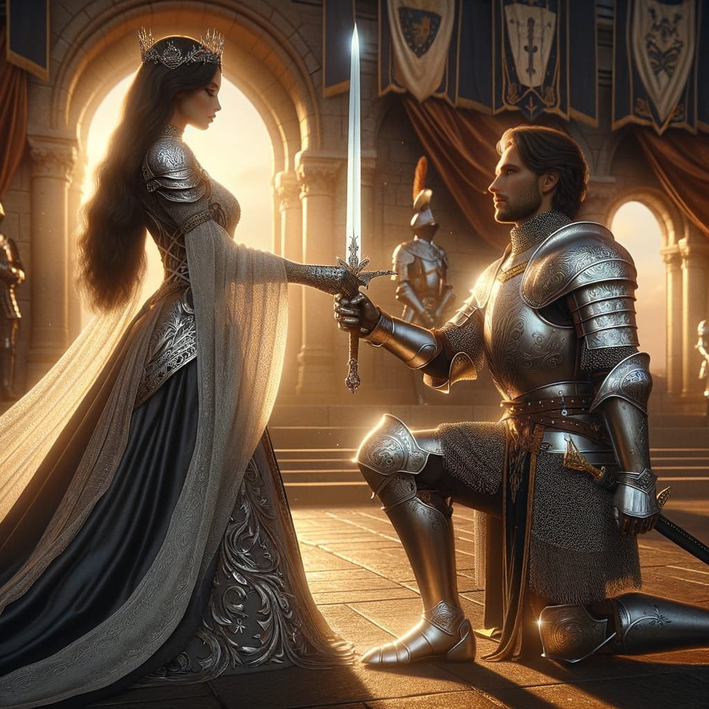 Knight Pledges Allegiance to Warrior-Princess in Castle Cour...
