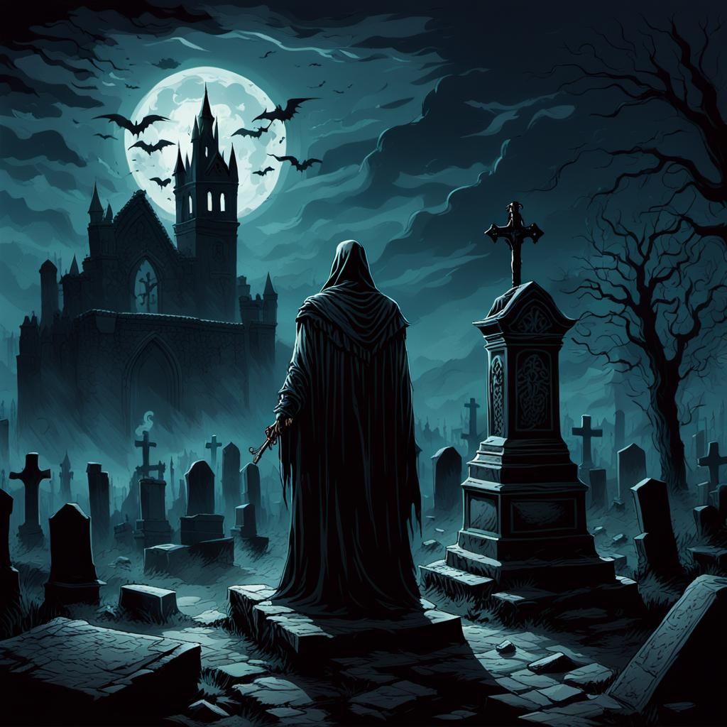 Ghost Assassin in Castle Cemetery: Dark Fantasy Art
