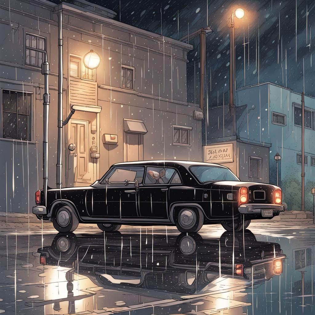 Black Car Parked in Rain: Hand-Drawn Storybook Illustration