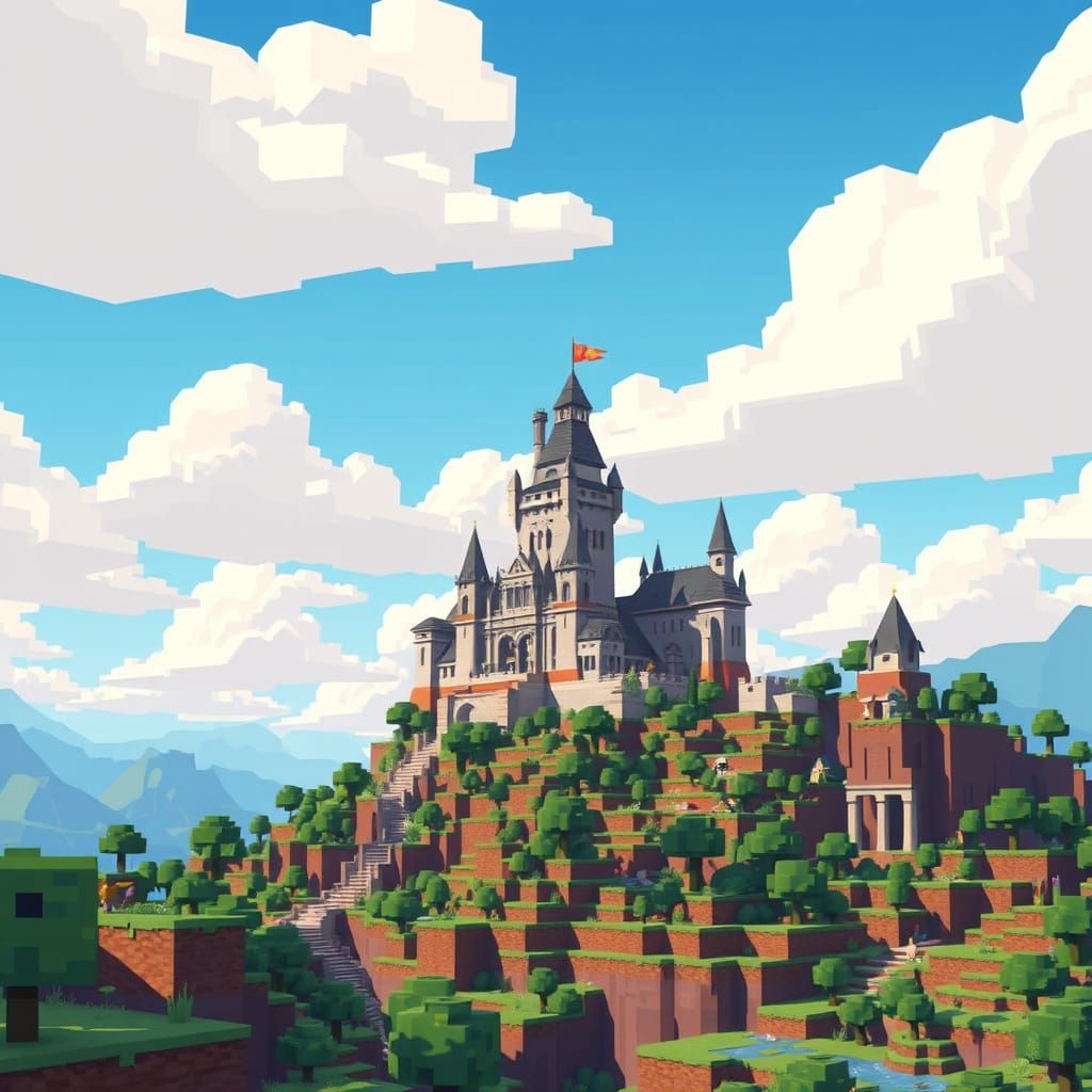 Blocky Castle Landscape in 8-bit Pixel Art Style