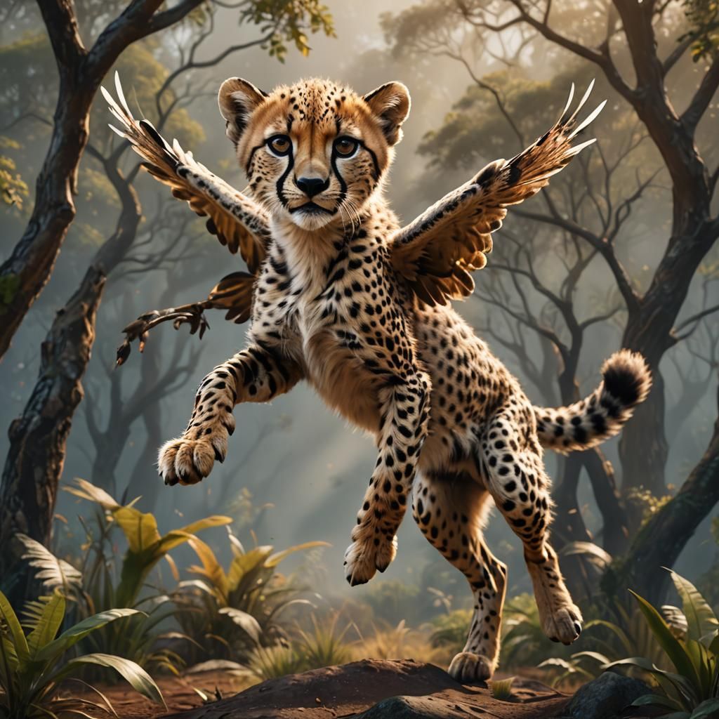 Winged Cheetah Cub in Flight: Digital Matte Painting