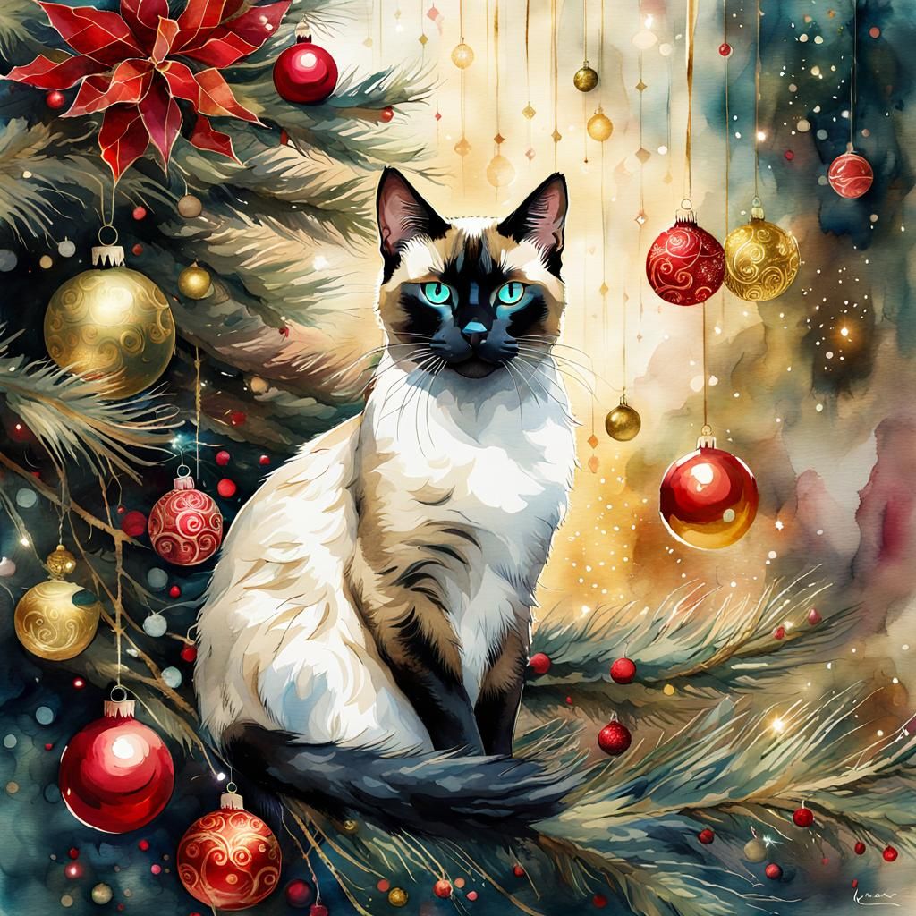 Siamese Cat in Christmas Tree, Watercolor Illustration