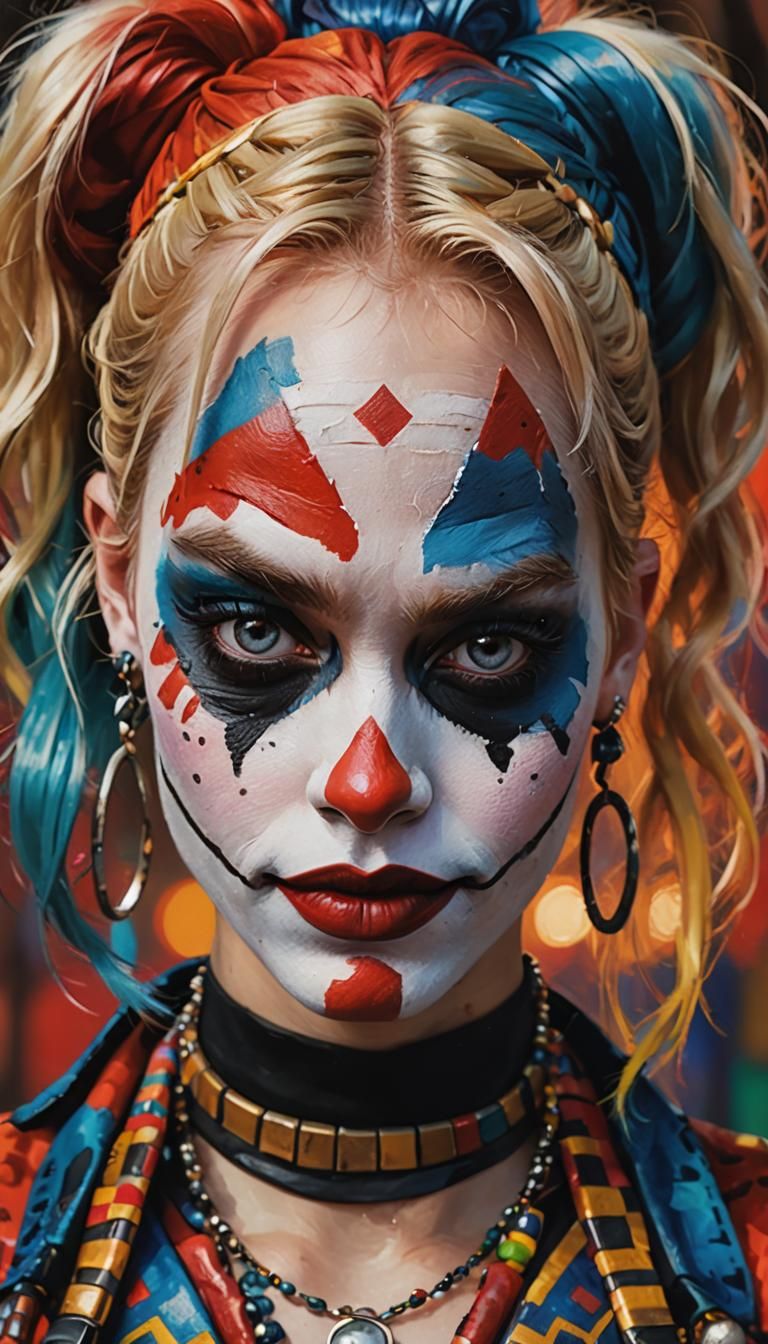 Harley Quinn Tribal Face Painting in Postimpressionism Style