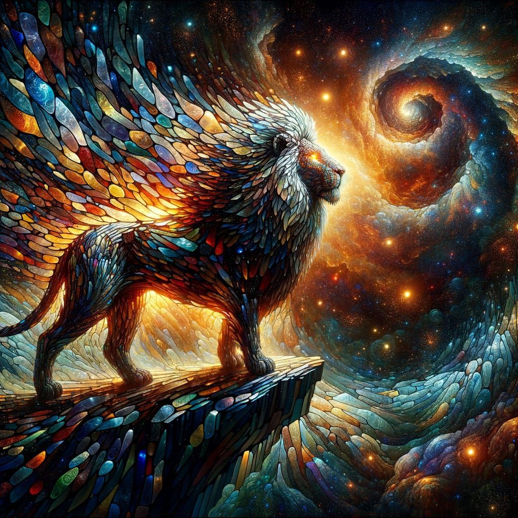 Stained Glass Lion in Cosmic Nebula
