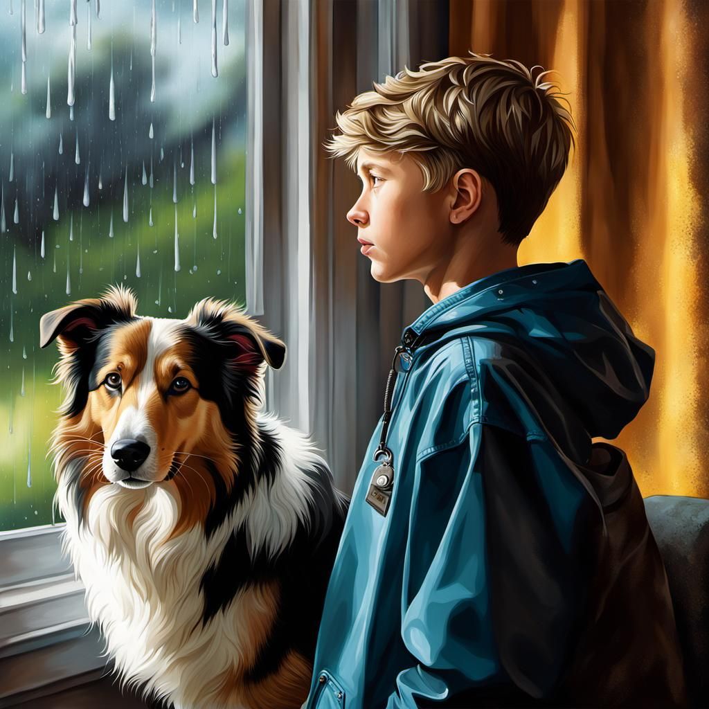 Boy and Collie Puppy on a Rainy Day