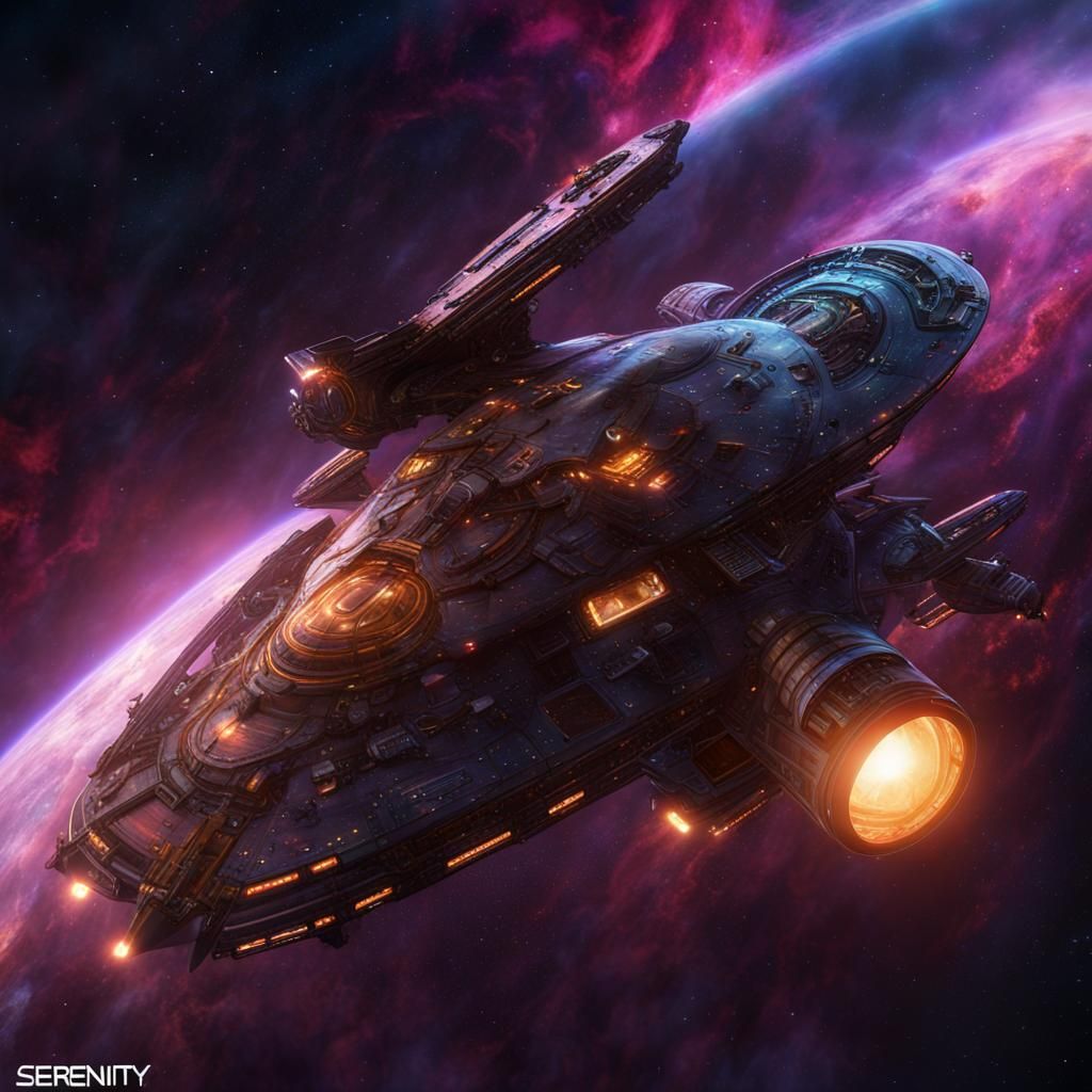 Serenity Spaceship Flies Through Blacklight Nebula