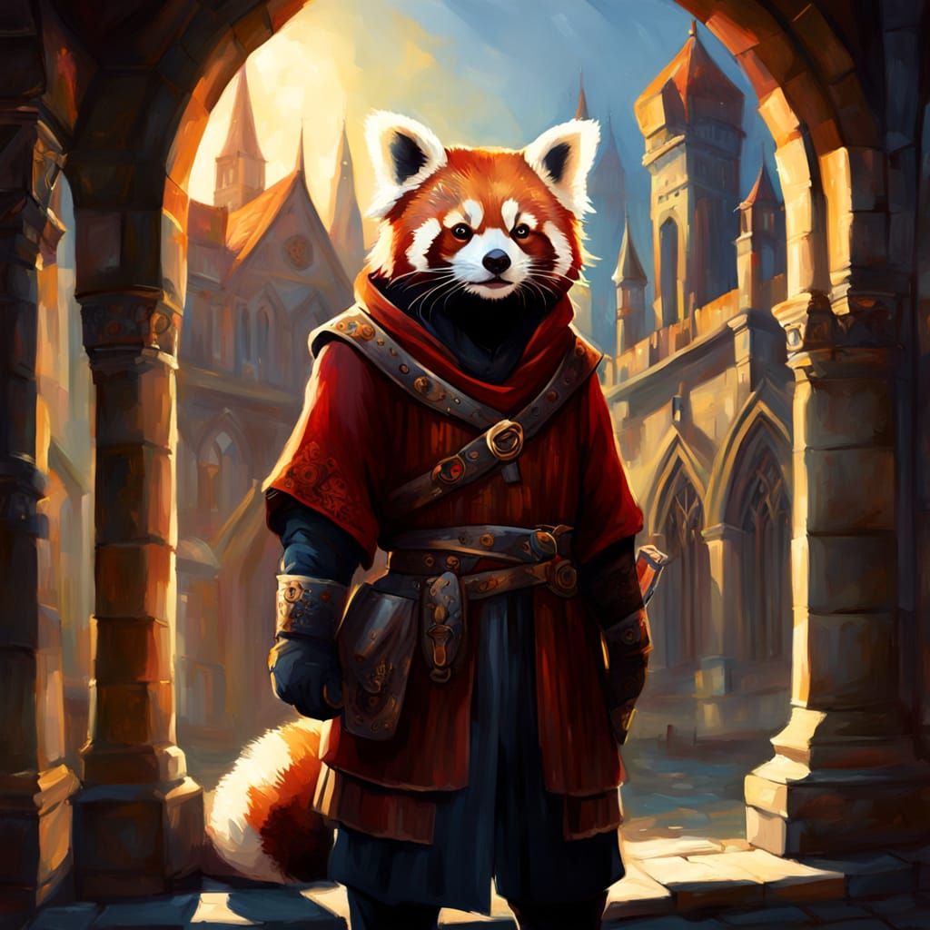 Red Panda in Medieval Milan: Impressionistic Oil Painting