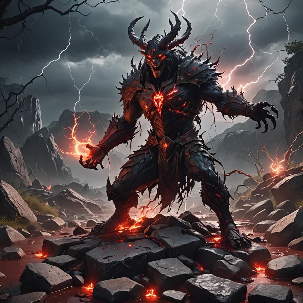 Blood-soaked Demon King on Stone Throne