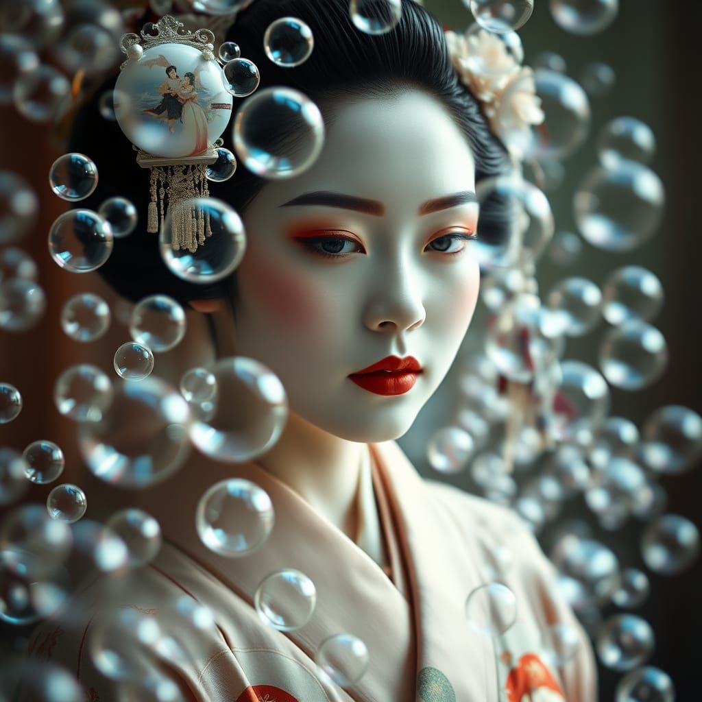 Geisha in Bubble Dreamscape: Ethereal Photography
