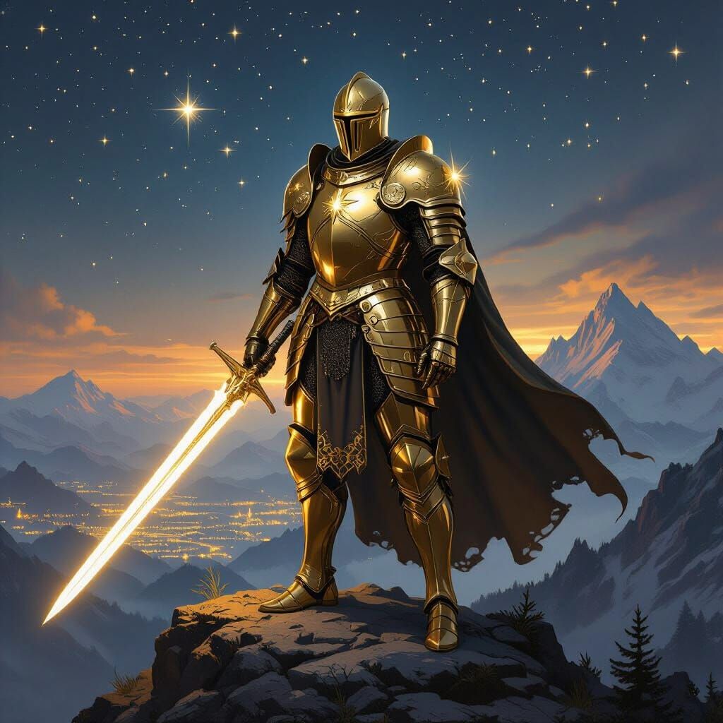 Celestial Knight Overlooking Starlit Kingdom as Digital Pain...