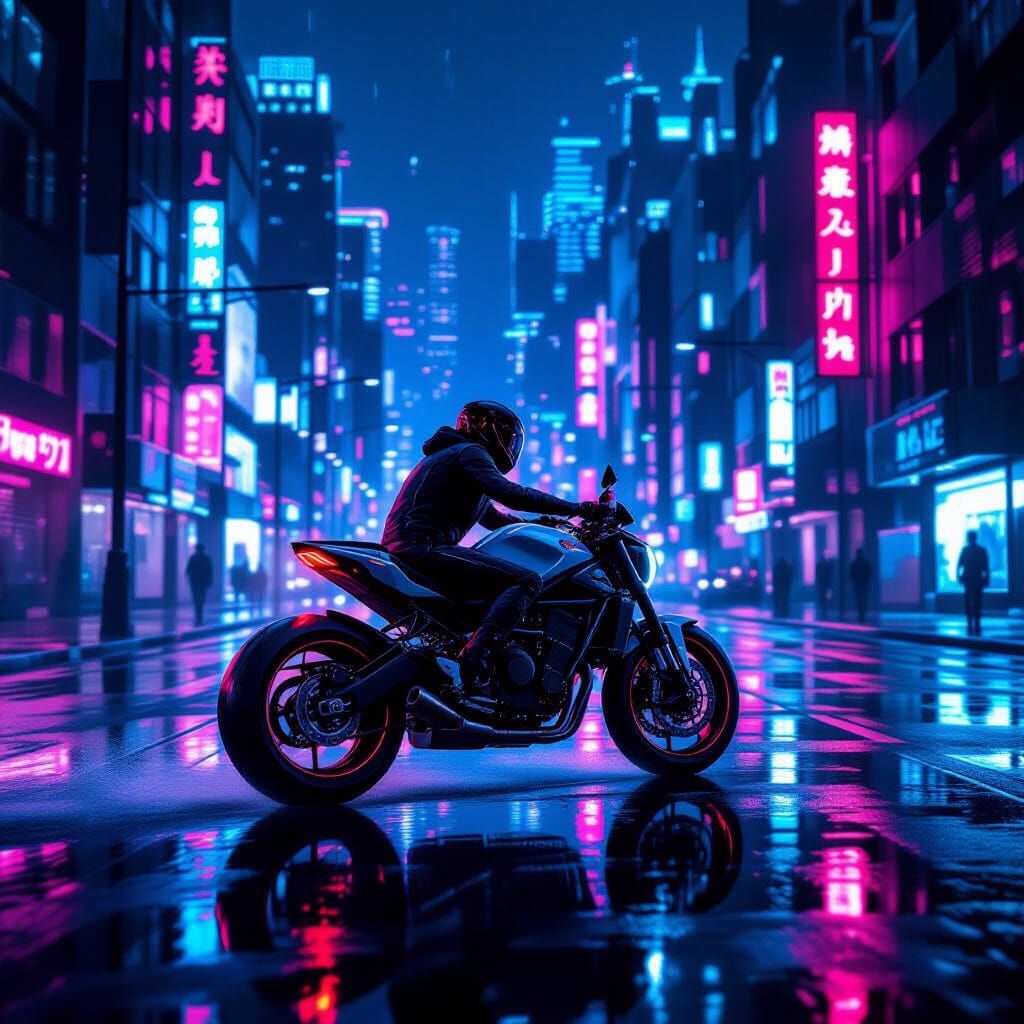 Cyberpunk City at Night with Neon Lights and Motorcycle
