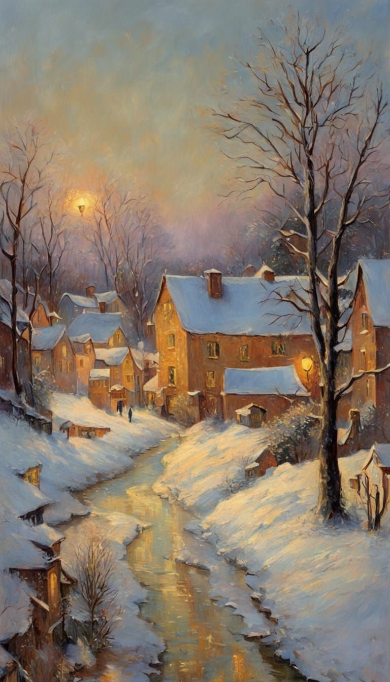 Serene Winter Village Scene in Vibrant Impressionist Style